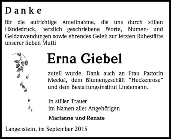 Traueranzeige von Erna Giebel  von Magdeburger Volksstimme