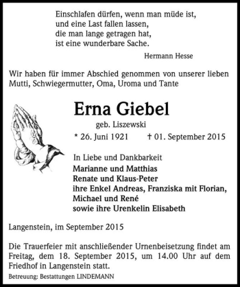 Traueranzeige von Erna Giebel (geb. Liszewski)  von Magdeburger Volksstimme
