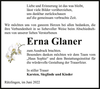 Traueranzeige von Erna Glaner  von Magdeburger Volksstimme