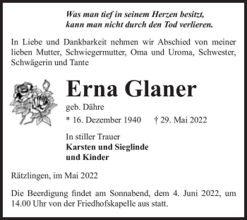 Traueranzeige von Erna Glaner (geb. Dähre)  von Magdeburger Volksstimme