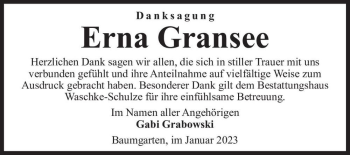 Traueranzeige von Erna Gransee  von Magdeburger Volksstimme