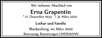 Traueranzeige von Erna Grapentin  von Magdeburger Volksstimme