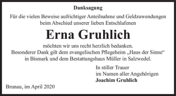Traueranzeige von Erna Gruhlich  von Magdeburger Volksstimme