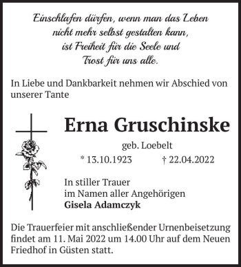 Traueranzeige von Erna Gruschinske (geb. Loebelt)  von Magdeburger Volksstimme