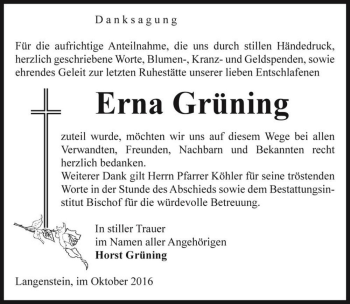 Traueranzeige von Erna Grüning  von Magdeburger Volksstimme