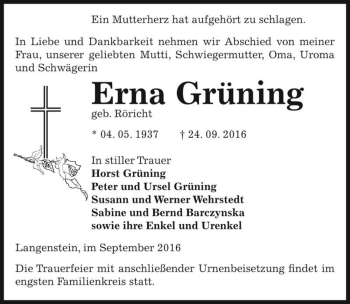 Traueranzeige von Erna Grüning (geb. Röricht)  von Magdeburger Volksstimme