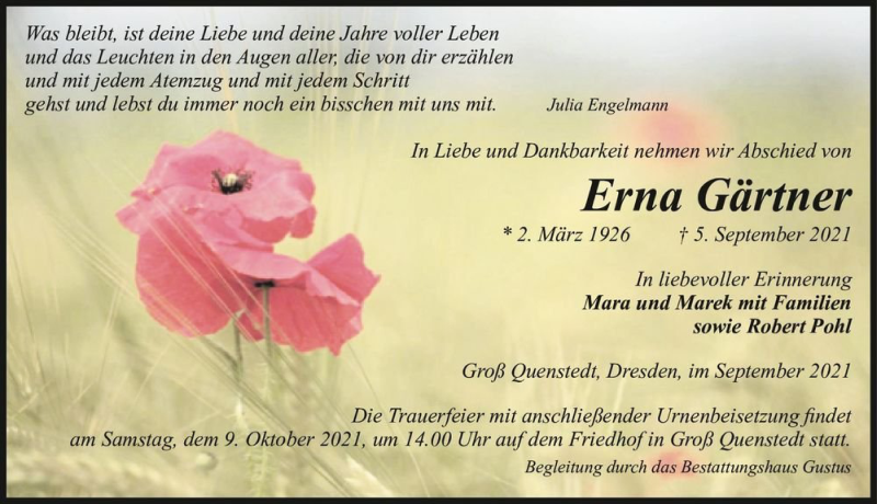Traueranzeigen von Erna Gärtner www.abschiednehmen.de