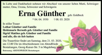 Traueranzeige von Erna Günther (geb. Goldbeck)  von Magdeburger Volksstimme