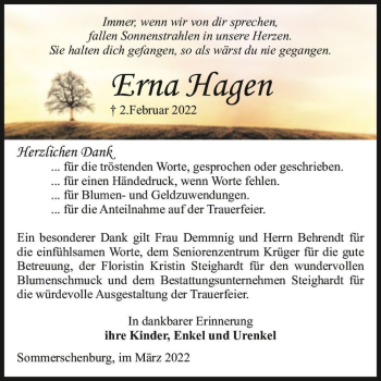 Traueranzeige von Erna Hagen  von Magdeburger Volksstimme