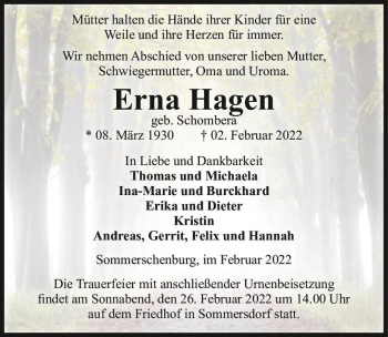 Traueranzeige von Erna Hagen (geb. Schombera)  von Magdeburger Volksstimme