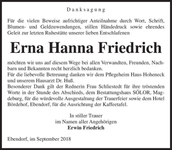 Traueranzeige von Erna Hanna Friedrich  von Magdeburger Volksstimme