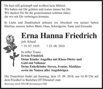 Traueranzeige von Erna Hanna Friedrich (geb. Schaaf)  von Magdeburger Volksstimme