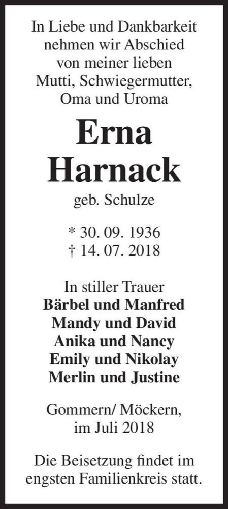  Traueranzeige für Erna Harnack (geb. Schulze)  vom 21.07.2018 aus Magdeburger Volksstimme