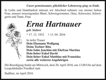 Traueranzeige von Erna Hartnauer (geb. Siebert)  von Magdeburger Volksstimme