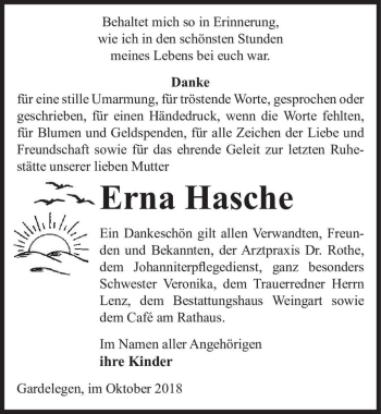 Traueranzeige von Erna Hasche  von Magdeburger Volksstimme