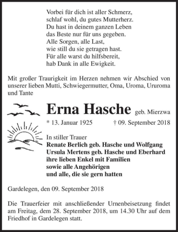 Traueranzeige von Erna Hasche (geb. Mierzwa)  von Magdeburger Volksstimme