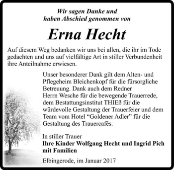 Traueranzeige von Erna Hecht  von Magdeburger Volksstimme