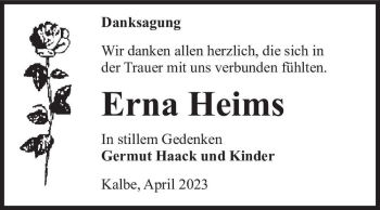 Traueranzeige von Erna Heims  von Magdeburger Volksstimme
