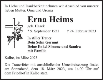 Traueranzeige von Erna Heims (geb. Haack)  von Magdeburger Volksstimme