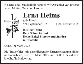 Traueranzeige von Erna Heims (geb. Haack)  von Magdeburger Volksstimme