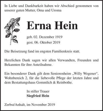 Traueranzeige von Erna Hein  von Magdeburger Volksstimme