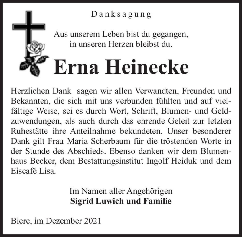  Traueranzeige für Erna Heinecke  vom 31.12.2021 aus Magdeburger Volksstimme