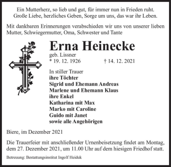 Traueranzeige von Erna Heinecke (geb. Lissner)  von Magdeburger Volksstimme