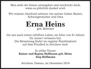 Traueranzeige von Erna Heins (geb. Böttcher)  von Magdeburger Volksstimme