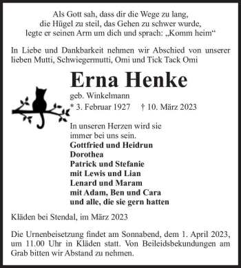 Traueranzeige von Erna Henke (geb. Winkelmann)  von Magdeburger Volksstimme