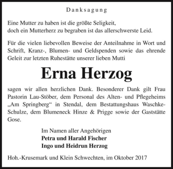 Traueranzeige von Erna Herzog  von Magdeburger Volksstimme