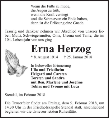 Traueranzeige von Erna Herzog  von Magdeburger Volksstimme
