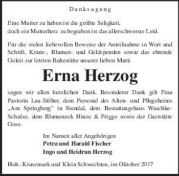 Traueranzeige von Erna Herzog  von Magdeburger Volksstimme