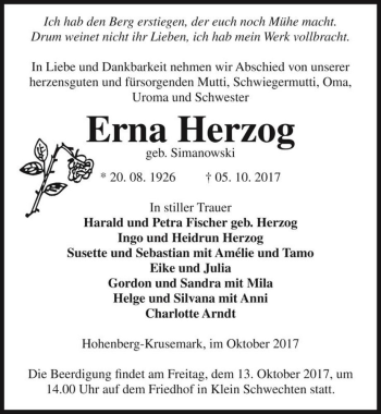 Traueranzeige von Erna Herzog (geb. Simanowski)  von Magdeburger Volksstimme