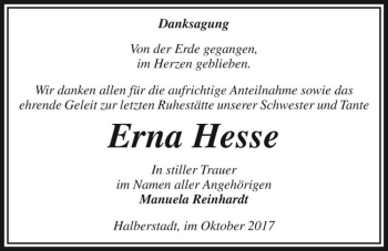 Traueranzeige von Erna Hesse  von Magdeburger Volksstimme