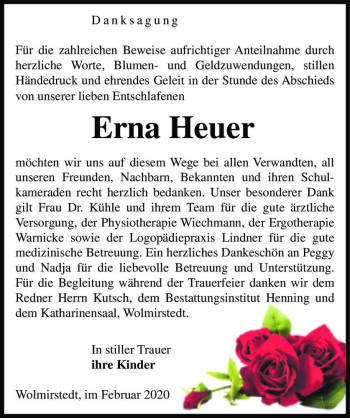 Traueranzeige von Erna Heuer  von Magdeburger Volksstimme