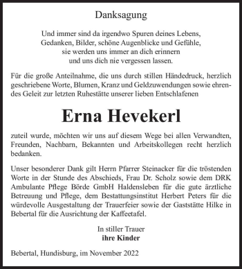 Traueranzeige von Erna Hevekerl  von Magdeburger Volksstimme