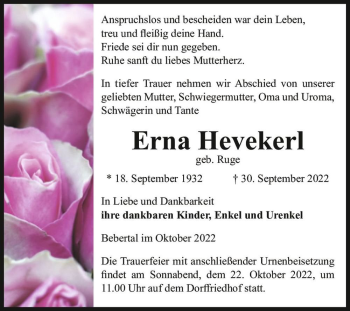 Traueranzeige von Erna Hevekerl (geb. Ruge)  von Magdeburger Volksstimme