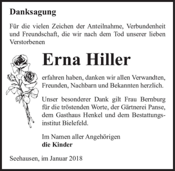 Traueranzeige von Erna Hiller  von Magdeburger Volksstimme
