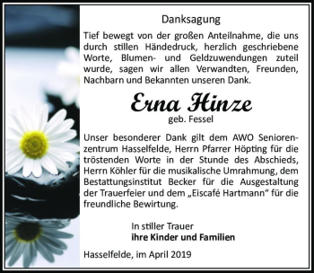 Traueranzeige von Erna Hinze (geb. Fessel)  von Magdeburger Volksstimme