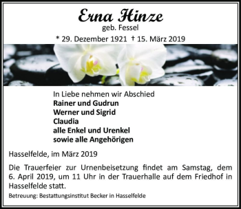 Traueranzeige von Erna Hinze (geb. Fessel)  von Magdeburger Volksstimme
