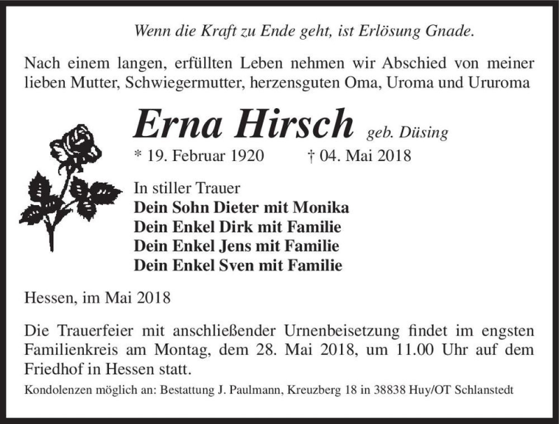  Traueranzeige für Erna Hirsch (geb. Düsing)  vom 12.05.2018 aus Magdeburger Volksstimme
