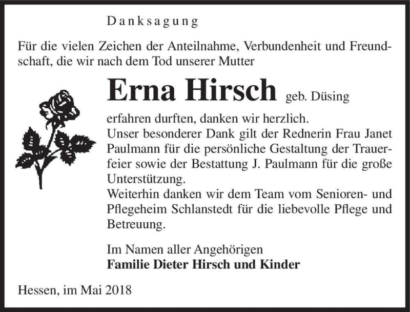  Traueranzeige für Erna Hirsch (geb. Düsing)  vom 02.06.2018 aus Magdeburger Volksstimme