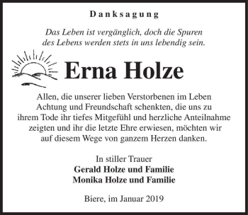 Traueranzeige von Erna Holze  von Magdeburger Volksstimme