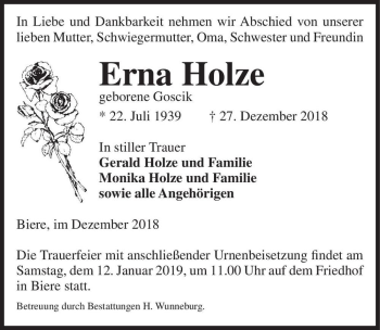 Traueranzeige von Erna Holze (geb. Goscik)  von Magdeburger Volksstimme