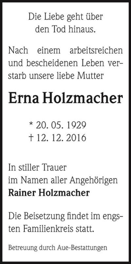  Traueranzeige für Erna Holzmacher  vom 17.12.2016 aus Magdeburger Volksstimme