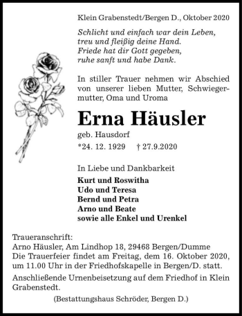 Traueranzeige von Erna Häusler (geb. Hausdorf)  von Magdeburger Volksstimme