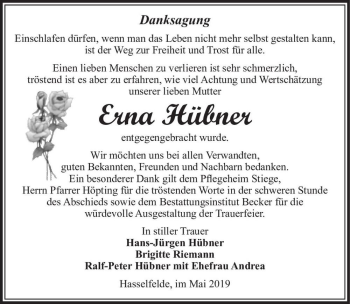 Traueranzeige von Erna Hübner  von Magdeburger Volksstimme