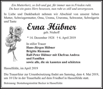 Traueranzeige von Erna Hübner (geb. Niehoff)  von Magdeburger Volksstimme