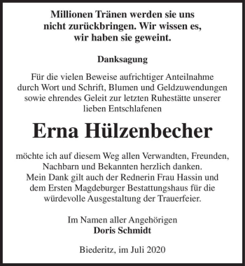 Traueranzeige von Erna Hülzenbecher  von Magdeburger Volksstimme