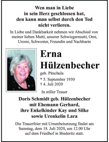 Traueranzeige von Erna Hülzenbecher (geb. Pitschula)  von Magdeburger Volksstimme
